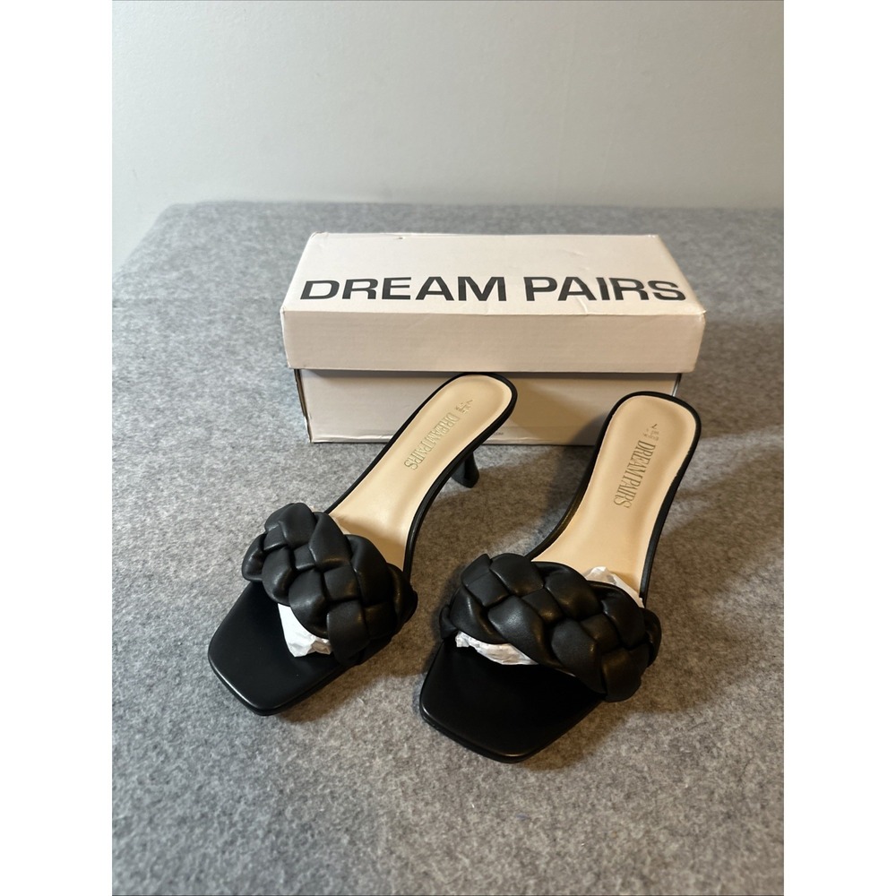 Dream Pairs Womens 7 Black Weave Slide On Faux Leather Sandals Kitten Heals